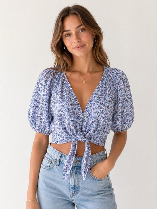 Abercrombie & Fitch Tops - Abercrombie & Fitch Linen Blend Floral Tie Front Crop Top Puff Sleeve XS